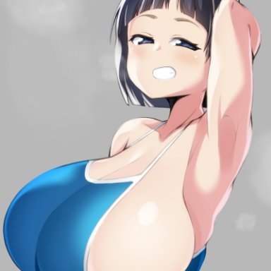 sword art online, kirigaya suguha, toudori, arm up, armpits, black eyes, black hair, blue swimsuit, blush, bob cut, breasts, covered navel, female, huge breasts, looking at viewer