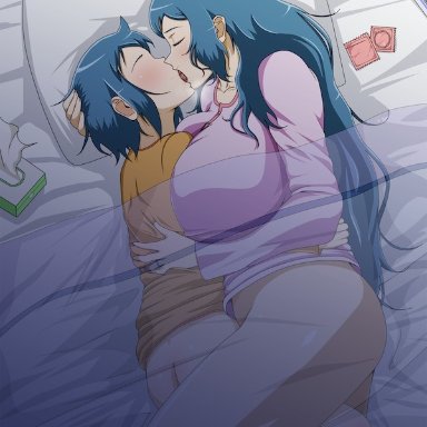 gundam, gundam build fighters, iori rinko, iori sei, vermilion, 1boy, age difference, blue hair, breasts, condom wrapper, female, huge breasts, incest, kissing, large breasts