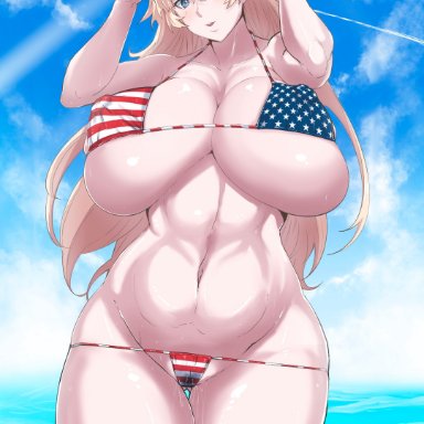 original, tomoki, tomoki (dais729sof), american flag bikini, bikini, blonde hair, blue eyes, breasts, cleavage, female, flag print, huge breasts, long hair, solo, swimsuit