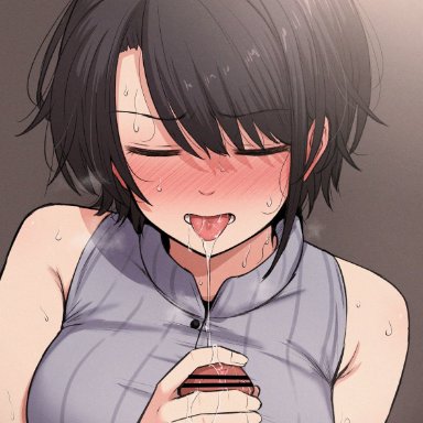 hololive, oozora subaru, mamerakkkkko, 1boy, bangs, blush, breasts, brown hair, closed eyes, cum, eyebrows visible through hair, facial, fellatio, female, hair between eyes