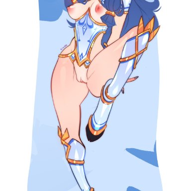 league of legends, riot games, kindred, porcelain kindred, ilewdha, ilwha, 1girls, blue hair, embarrassed, hooves, long hair, mask, pointy ears, porcelain, shaved pussy