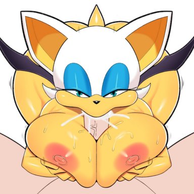 sega, sonic (series), rouge the bat, coldarsenal, anthro, bedroom eyes, big breasts, bodily fluids, breast play, breasts, chiropteran, cum, cum in mouth, cum inside, faceless character