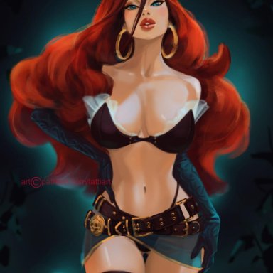 league of legends, miss fortune, tattiart, belts, bikini, blue eyes, cleavage, hand on hip, hourglass figure, huge breasts, long gloves, long hair, red hair, thighhighs