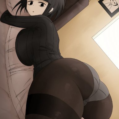 blossom hope, tomi washua, woomler, 1girls, ass, ass focus, bed, big ass, black eyes, black hair, breasts, clothing, female, large breasts, looking at viewer
