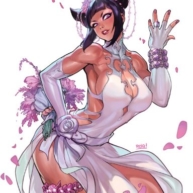 street fighter, juri han, reiq, udon entertainment, ass, big ass, big breasts, big butt, black hair, breasts, brown hair, looking at viewer, purple eyes, purple flower, purple lips