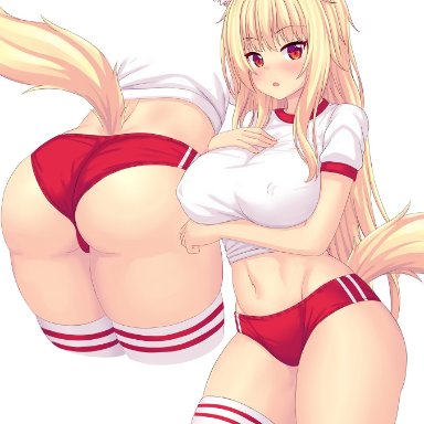 original, tiffy, tiffynyaa, animal ears, ass, blonde hair, blush, breasts, buruma, erect nipples, erect nipples under clothes, long hair, looking at viewer, multiple poses, navel