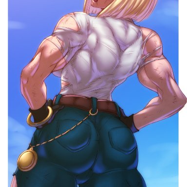 dragon ball, dragon ball z, android 18, dno, ass focus, back muscles, back view, jeans, muscular female