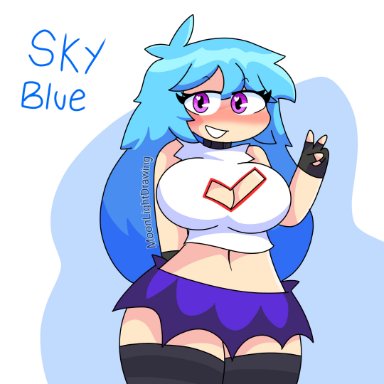 friday night funkin, sky (friday night funkin), skyblue, moonlightdrawinguwu, 1girls, bare midriff, big breasts, blue hair, cleavage cutout, crop top, cropped legs, cyan hair, fingerless gloves, long hair, purple eyes