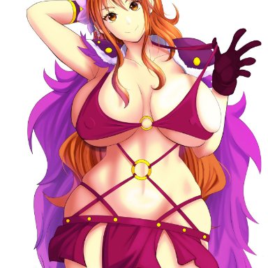 one piece, nami, xxangeluciferxx, 1girls, amber eyes, gloves, horns, hourglass figure, huge breasts, loincloth, looking at viewer, orange hair, shoulder pads, voluptuous