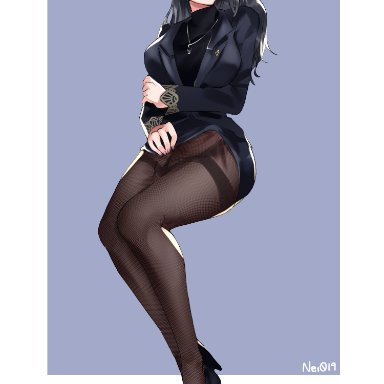 persona, persona 5, sae niijima, nei019, 1futa, big breasts, big penis, blush, brown eyes, clothed, clothing, embarrassed, erection, erection under clothes, fully clothed