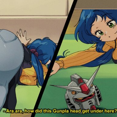 gundam, gundam build fighters, iori rinko, bluethebone, 1girls, apron, ara ara, ass, ass shot, bending over, bent over, blue hair, breasts, cameltoe, clothed