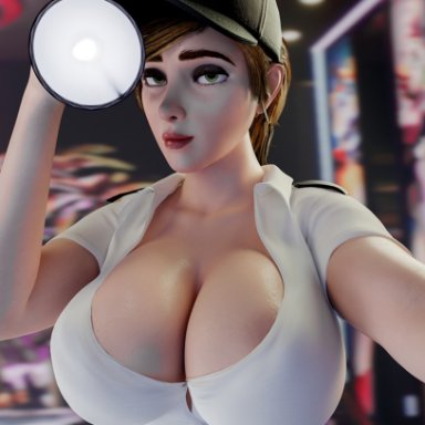 five nights at freddy's, vanessa (fnaf), alenabyss, 1girls, areola slip, areolae, blonde hair, breasts, cleavage, female, female only, green eyes, large breasts, looking at viewer, shirt