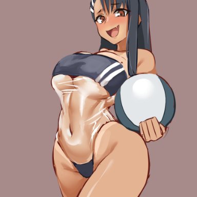 please don't bully me, nagatoro, hayase nagatoro, 9is, 1girls, beach ball, big breasts, black hair, clothed, clothing, long hair, looking at viewer, swimsuit, swimsuit tan, tan skin, tanline