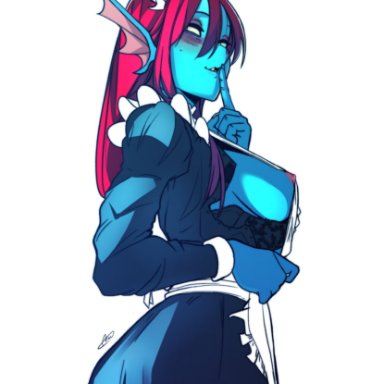 undertale, undyne, clauschristmas2, anthro, blue skin, dress, fish, flashing, long hair, looking at viewer, maid, marine, medium breasts, one breast out, presenting breasts