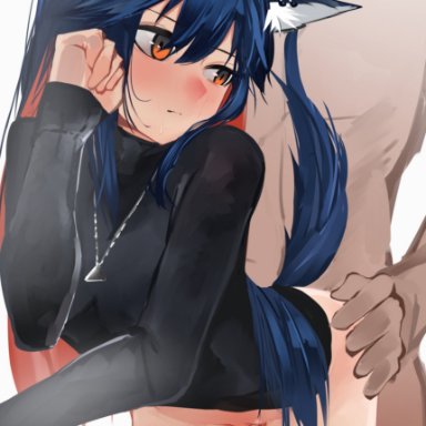arknights, texas (arknights), alternate costume, animal ears, ao oni (onioni-aoi), ass grab, bangs, bent over, black sweater, blue hair, blush, bottomless, closed mouth, clothed female nude male, completely nude