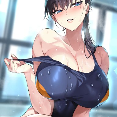 shuumatsu no harem, gan (shanimuni), 1girls, arm between legs, bangs, bare shoulders, black hair, black legwear, blue eyes, blue swimsuit, blush, breasts, busty, clavicle, cleavage