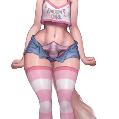 hellbibi, 1boy, animal ears, animal tail, bare shoulders, belly, blush, bulge, catboy, clothed, daddy kink, embarrassed, erect penis, erection, erection in panties