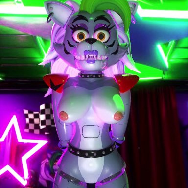 five nights at freddy's, scottgames, roxanne wolf (fnaf), animatronic, anthro, barely visible genitalia, barely visible pussy, black eyebrows, black eyelashes, breast sway, breasts, canid, canine, canis, collar