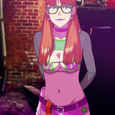 anna (tekuho), tekuho, back alley, backalley, blue eyes, condom strip, condoms, dildo, fishnet, fishnet shirt, glasses, hotpants, navel piercing, nerd, nerdy