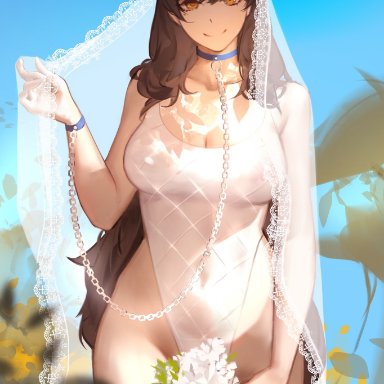 azur lane, atago (azur lane), hu dako, animal ears, bare hips, blue sky, bouquet, breasts, brown hair, casual one-piece swimsuit, chains, collar, collarbone, covered navel, cowboy shot