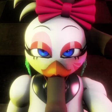 five nights at freddy's, chica (fnaf), glamrock chica (fnaf), tails, luiske476, skxx elliot, animatronic, blowjob, blue eyes, bow, chicken, glowing, hand on head, happy, makeup