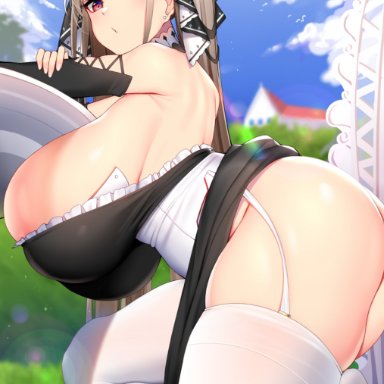 azur lane, formidable (azur lane), chixiao, 1girls, breasts, bursting breasts, earrings, eyebrows visible through hair, female, female only, grey hair, hair ribbon, huge ass, huge breasts, large breasts