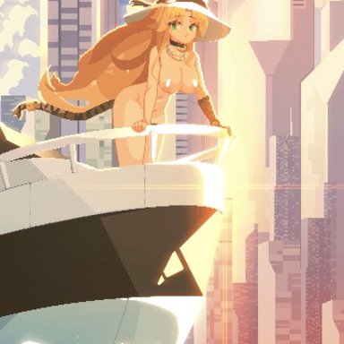 arknights, swire (arknights), aduare, 1girls, animal ears, areolae, asymmetrical gloves, bare shoulders, big breasts, blonde hair, boat, bouncing breasts, breasts, cat tail, choker