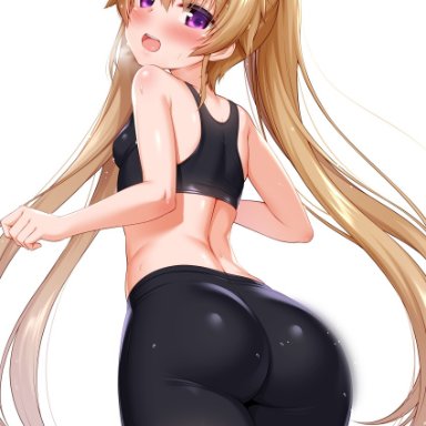 ao no kanata no four rhythm, arisaka mashiro, zirba, ass, bike shorts, blush, breasts, female, hair between eyes, long hair, looking at viewer, looking back, open mouth, petite, purple eyes