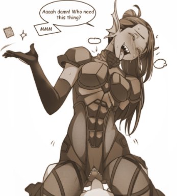 undertale, undyne, clauschristmas2, anthro, armor, blush, bodysuit, closed eyes, condom, condom rejection, condom wrapper, cowgirl position, female, fish, lesbian with male