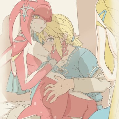 breath of the wild, the legend of zelda, link, mipha, princess zelda, zelda (breath of the wild), kireina mochi, 1boy, 1girls, anthro, ass grab, caught in the act, kissing, kissing breast, marine