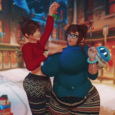 overwatch, mei (overwatch), tracer, peachymizz, pixiewillow, urbanator, 2girls, ass, breasts, female, female only, huge ass, huge breasts, kissing, thick thighs