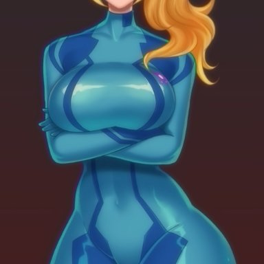 metroid, nintendo, samus aran, hizzacked, 1girls, arms crossed under breasts, blonde hair, bodysuit, crossed arms, eyebrow raise, female, female only, green eyes, long hair, looking at viewer