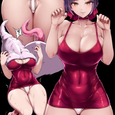 gegege no kitarou, nekomusume (gegege no kitarou 6), ishimiso (ishimura), all the way through, arms up, ass, ass visible through thighs, bangs, bent over, black background, breasts, choker, cleavage, collarbone, covered nipples