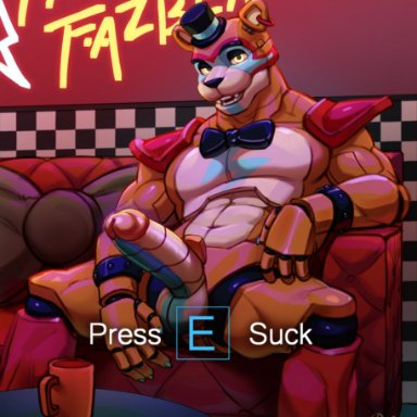 five nights at freddy's, scottgames, glamrock freddy (fnaf), poofroom, abs, animatronic, anthro, armband, balls, biceps, big penis, bow tie, claws, clothing, coffee mug