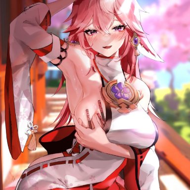 genshin impact, yae (genshin impact), yavalley, 1girls, armpits, big breasts, collar, curvy, curvy figure, female, female only, hair ornament, hand on breast, large breasts, looking at viewer