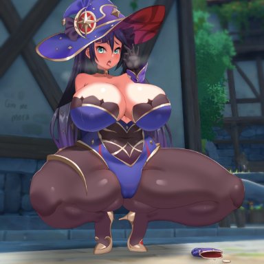 genshin impact, mona (genshin impact), hitch (artist), 1female, 1girl, alternate body type, alternate breast size, big breasts, big thighs, blush, breasts, busty, coin, curvy, curvy body