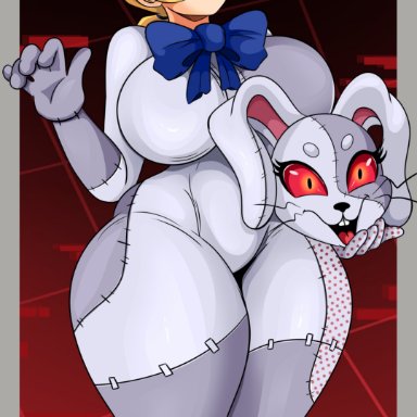 five nights at freddy's, vanessa (fnaf), vanny (fnaf), sonson-sensei, 1girls, bangs, big breasts, blonde hair, bowtie, breasts, bunny costume, bunnygirl, clothed, clothing, costume