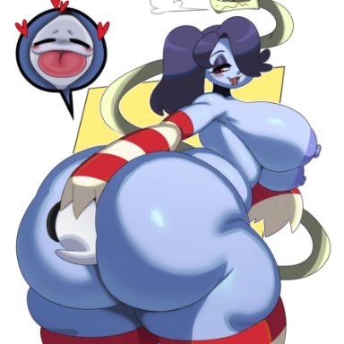 skullgirls, chaoz (chaozdesignz), leviathan (skullgirls), squigly, sssonic2, 2boys, angry, apple butt, arm sleeves, ass, ass bigger than head, ass visible through thighs, big ass, big breasts, blue hair