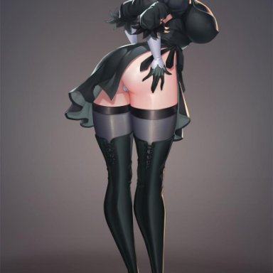 nier: automata, yorha 2b, dark night (darkotl), big ass, big breasts, black clothing, cameltoe, leotard, pantyshot, thighhighs, white hair, white leotard, tagme