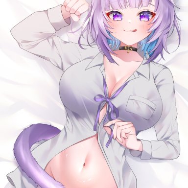 hololive, okayu ch., nekomata okayu, namagome negi, :3, :q, alternate costume, animal ears, bangs, bed sheet, blue hair, blunt bangs, blush, bottomless, breast pocket