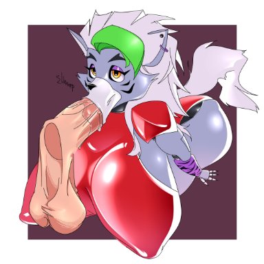 five nights at freddy's, roxanne wolf (fnaf), bombusaya, 1girls, animatronic, anthro, balls, big ass, big breasts, big butt, big penis, blowjob, breasts, canid, canine