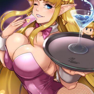 a link between worlds, nintendo, the legend of zelda, princess zelda, zelda (a link between worlds), noxcuro, 1girls, big breasts, blonde hair, blue eyes, breasts, bunny ears, bunny girl, card, cleavage