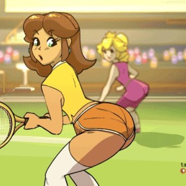 mario (series), mario tennis, nintendo, super mario bros., princess daisy, princess peach, tail-blazer, 2girls, ass expansion, huge ass, princess, tennis, thick thighs, animated