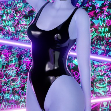 blizzard entertainment, overwatch, widowmaker, diescope, 1girls, detailed background, female, female only, graffiti, latex, latex bodysuit, latex stockings, latex suit, latex swimsuit, looking at viewer