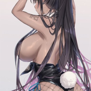 blue archive, karin (blue archive), akebono kt, 1girls, animal ears, arms behind head, arms up, ass, back, bangs, bare shoulders, black hair, black leotard, blush, breasts