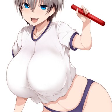 uzaki-chan wa asobitai!, uzaki hana, tsukasawa takamatsu, 1girls, baton, bloomers, blue eyes, breasts, female, female only, grey hair, gym clothes, holding object, huge breasts, looking at viewer