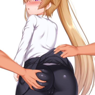 ao no kanata no four rhythm, arisaka mashiro, zirba, 2others, ass, ass grab, bike shorts, black shorts, black skirt, blush, brown hair, cameltoe, clothes lift, female, from behind