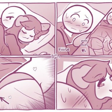 justspicy, !, 1boy, 1girls, arrow, arrow (symbol), bed, blanket, blush, closed eyes, cute, hoodie, male, panties, penis