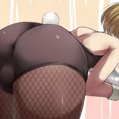 attack on titan, shingeki no kyojin, armin arlert, ass, ass focus, bent over, big ass, big butt, black fishnet stockings, bulge, bulge through clothing, bunny tail, bunnyboy, bunnysuit, femboy