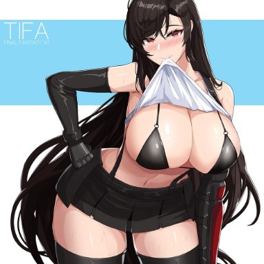 final fantasy, final fantasy vii, tifa lockhart, drogod (artist), bikini, black bikini, black bra, black hair, blush, bra, breasts, gloves, hand on hip, large breasts, long hair